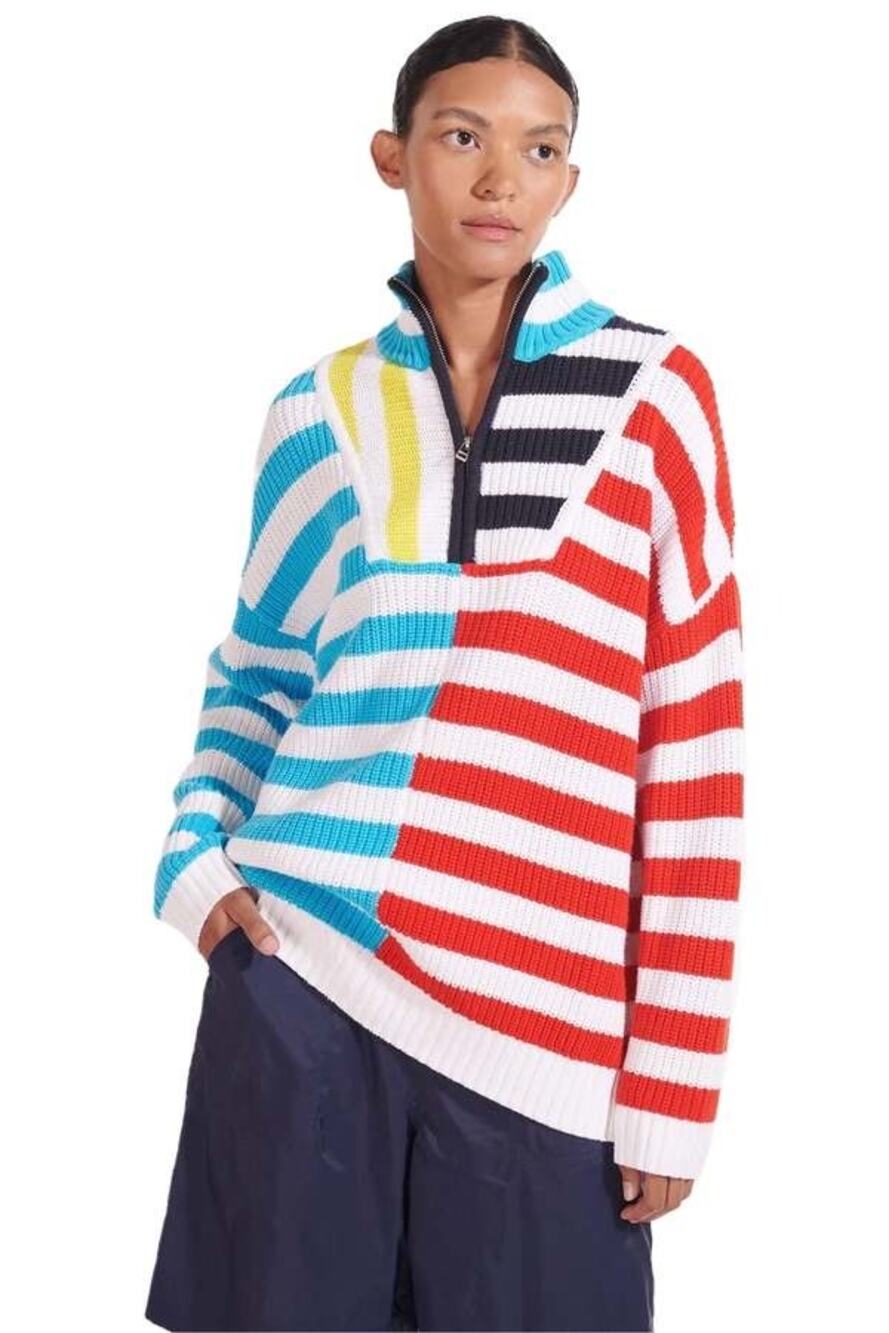 Staud Striped Mock Neck Sweater Size Large Captain Knit Hampton Quarter Zip